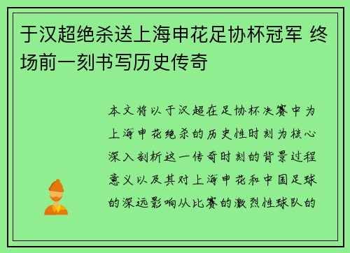 于汉超绝杀送上海申花足协杯冠军 终场前一刻书写历史传奇