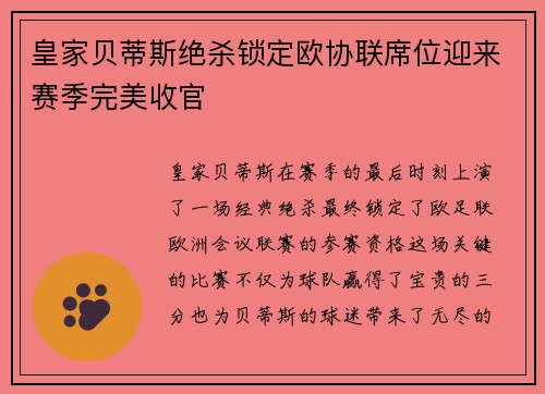 皇家贝蒂斯绝杀锁定欧协联席位迎来赛季完美收官